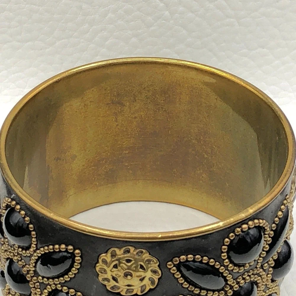 Handmade Artisan‎ Brass Floral Bracelet Ornamental Beads Black Resin Cuff Bangle